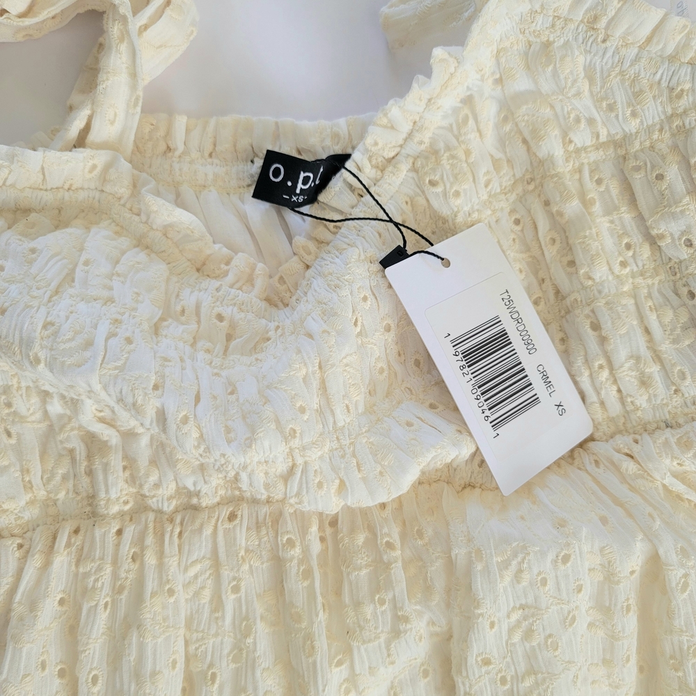 o.p.t Nanette Eyelet Smocked RuffleCotton Mini Dress in Cream, Size XS, Romantic - Picture 6 of 11